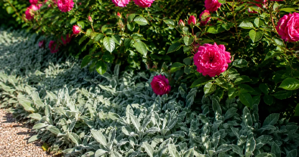 Feuillage gris-vert formant tapis bas sous buissons de roses