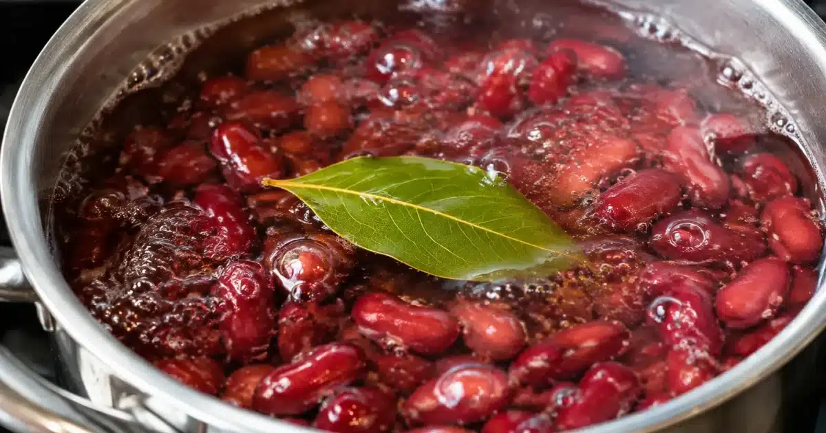 Feuille de laurier flottant dans un pot d'eau bouillante avec haricots