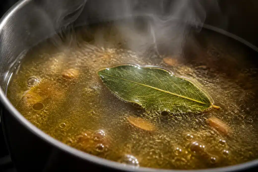 Feuille de laurier flottant dans bouillon chaud fumant
