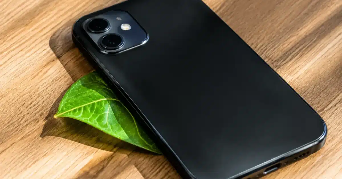 Feuille verte glissée sous coque smartphone noir, visible partiellement
