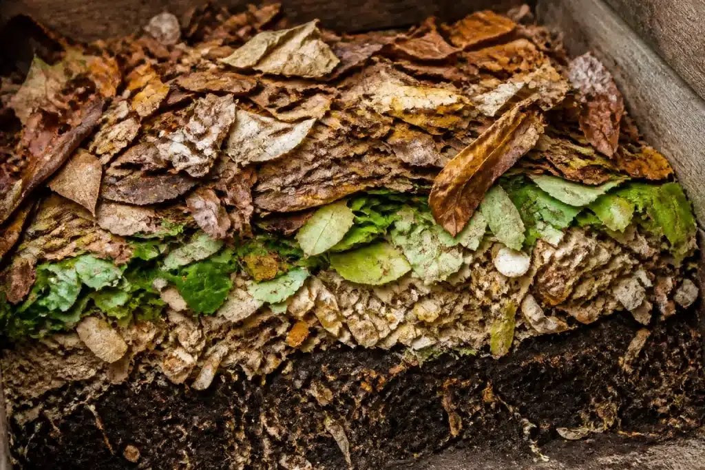 Feuilles broyees en couches alternees dans compost riche