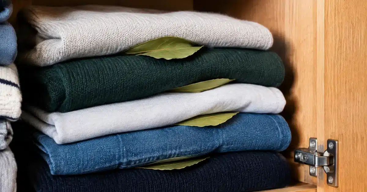 Feuilles de laurier placees entre vetements plies dans armoire ouverte