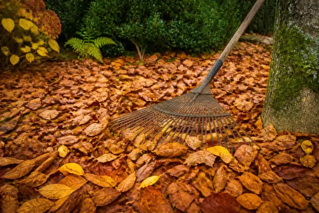 Feuilles brunes rakes couvrant sol jardin automne