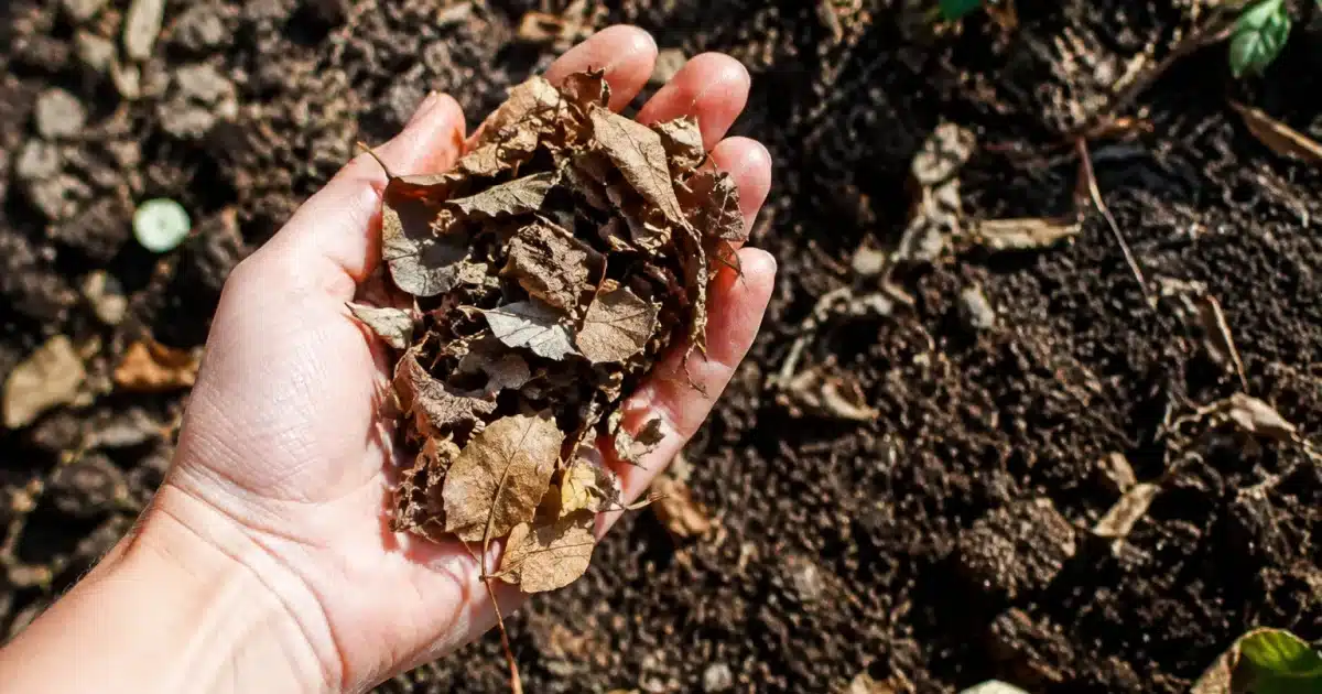 Main ouverte versant feuilles seches sur terre brune de jardin