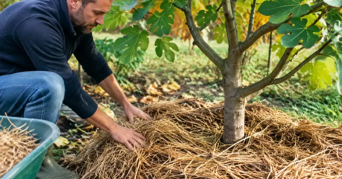 Jardinier paillant base figuier terre automne protection