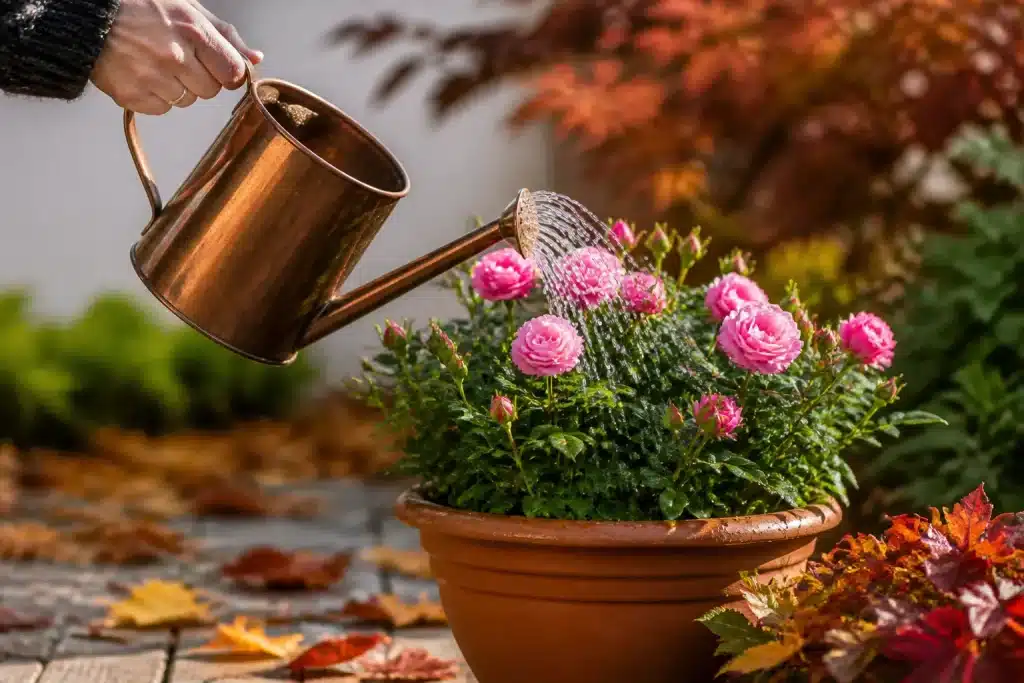 Mains arrosant fleurs roses en pot automne