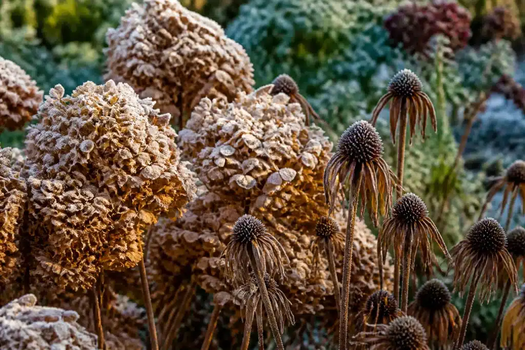 Hortensias givrés et échinacées brunes au jardin hivernal