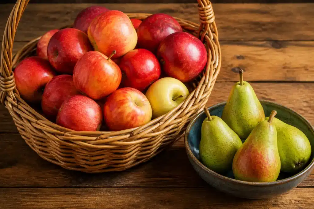 Panier avec pommes, poires séparées des autres fruits