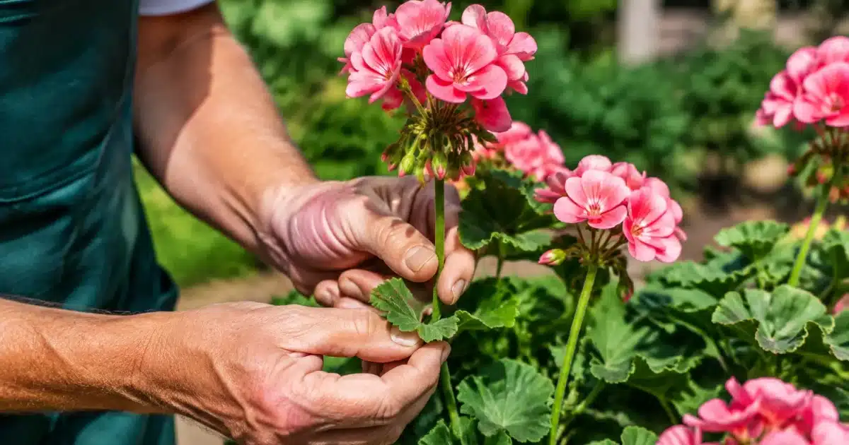 Mains jardinier tenant tige geranium rose fleuri debout