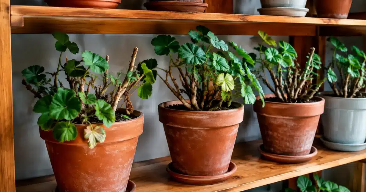 Geraniums potted plants stored indoors on wooden shelves, resting dormant