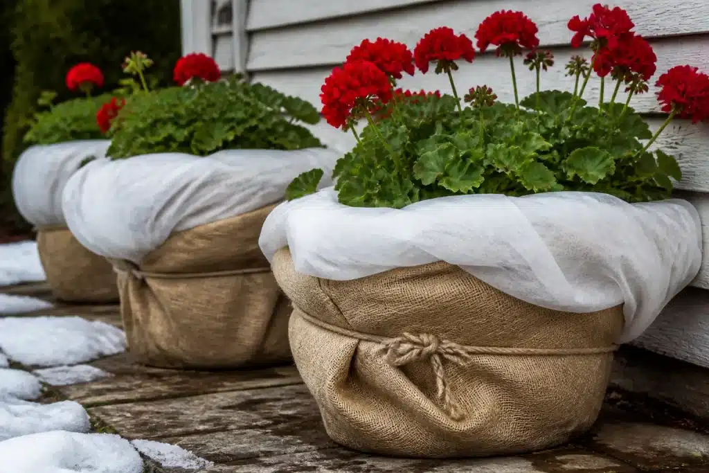 Potted geraniums wrapped in protective cloth outdoors