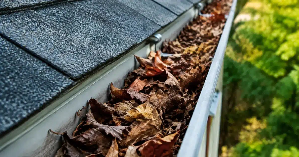 Gouttiere de toit remplie de feuilles mortes brunes accumulees