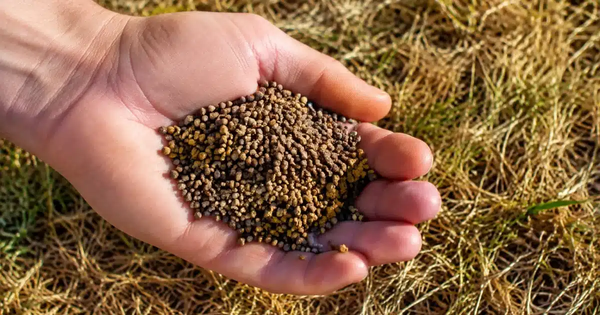 Main versant des granules sur herbe jaunie et desséchée