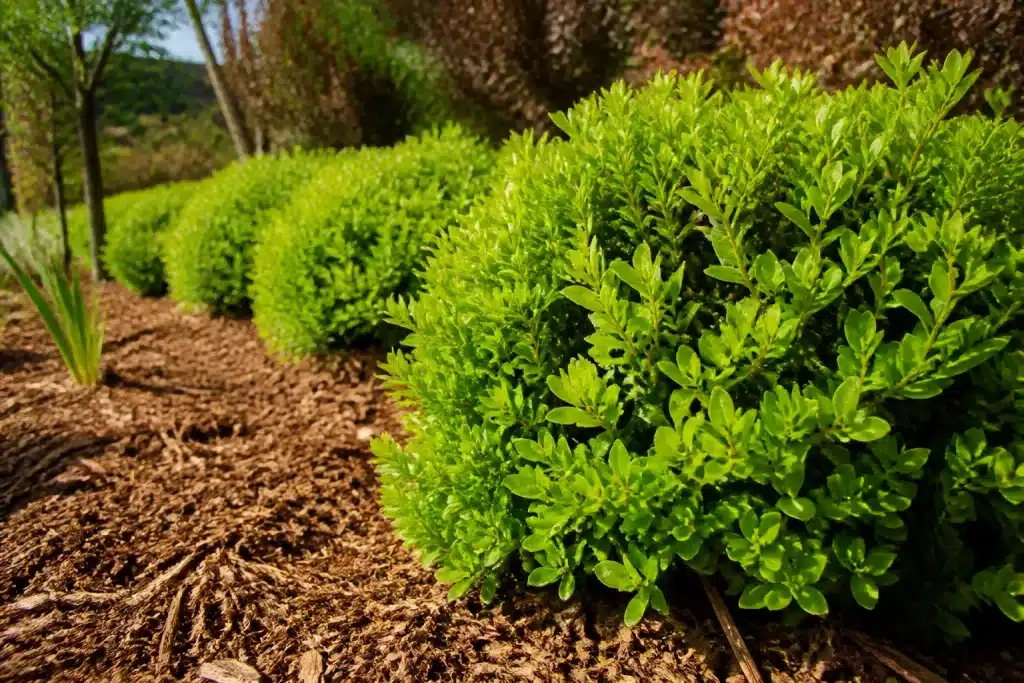 Arbustes taillés avec paillis brun au printemps