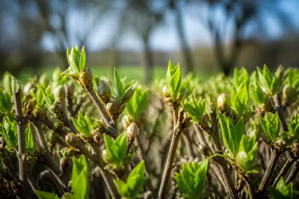Haie avec bourgeons gonflés et jeunes pousses vertes apparaissant
