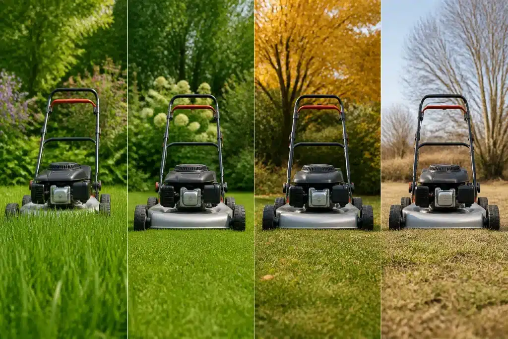 Tondeuse réglée à différentes hauteurs selon saisons herbe