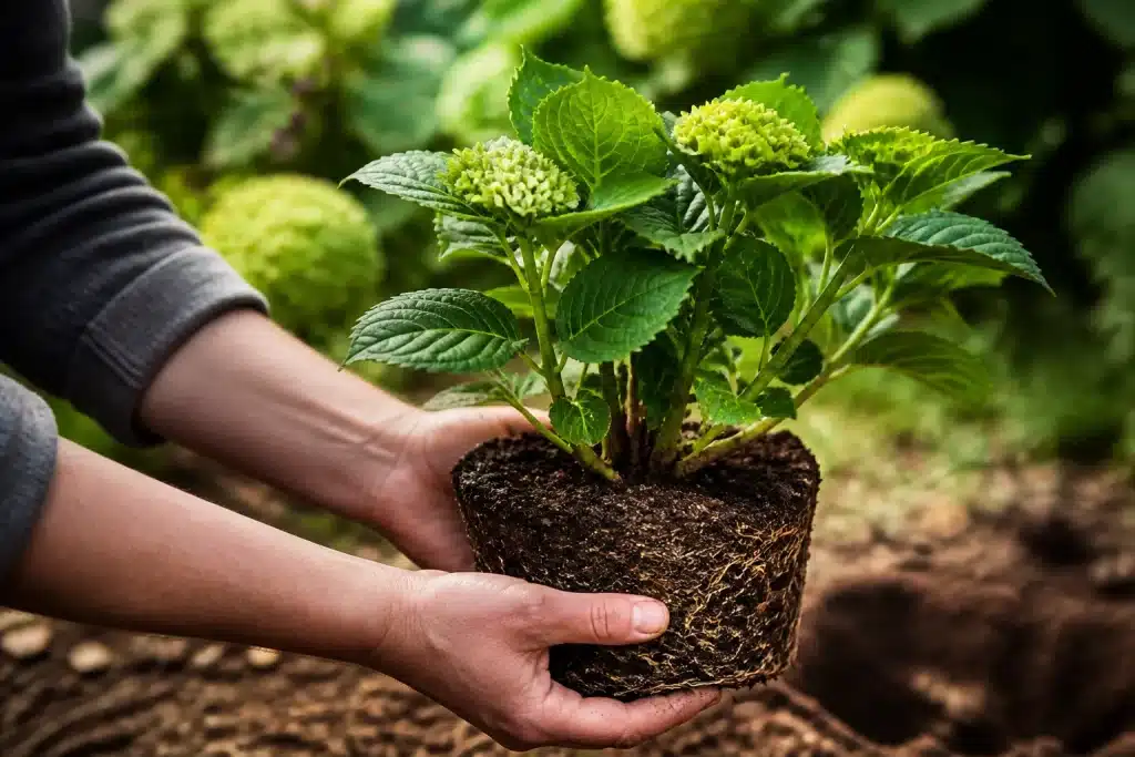 Mains tenant jeune hortensia avant plantation en terre