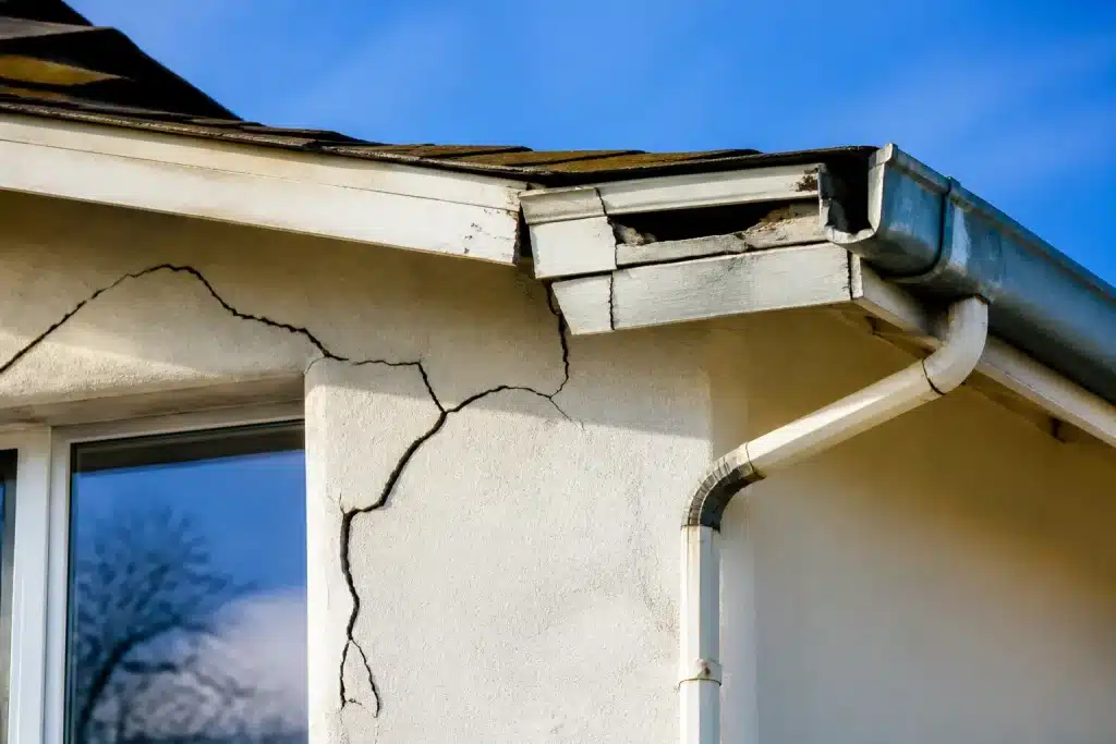 Facade maison avec fissures toiture et gouttières endommagées