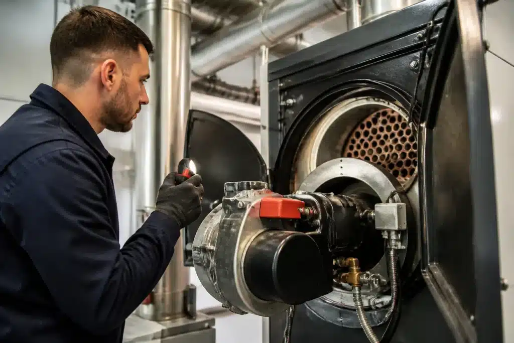 Technicien inspectant brûleur et échangeur thermique chaudière