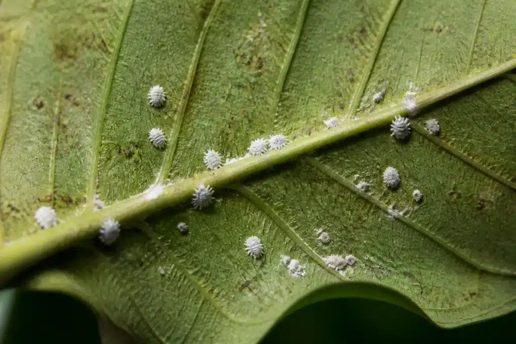 Dessous feuille verte montrant insectes cotonneux et points bruns