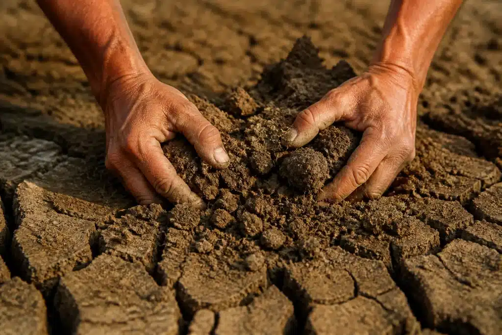 Mains retournant terre sèche et craquelée après chaleur intense