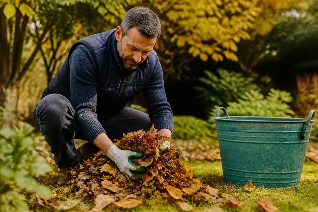 Jardinier ramassant feuilles mortes avec gestes doux