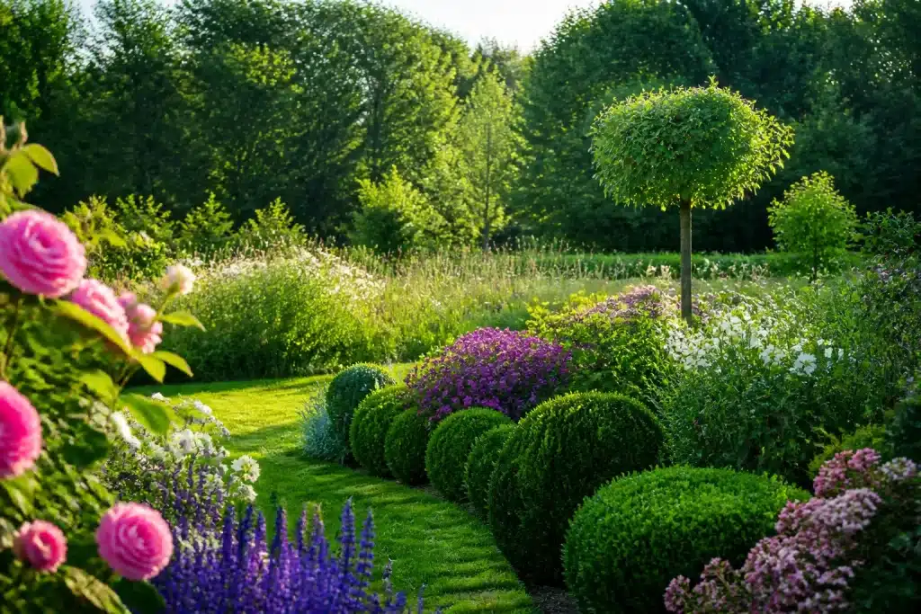Jardin avec massifs fleuris taillés et zone sauvage au fond