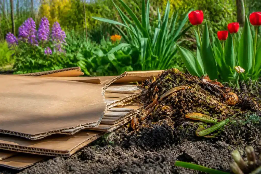 Jardin printanier avec carton et compost enrichissant sol fertile