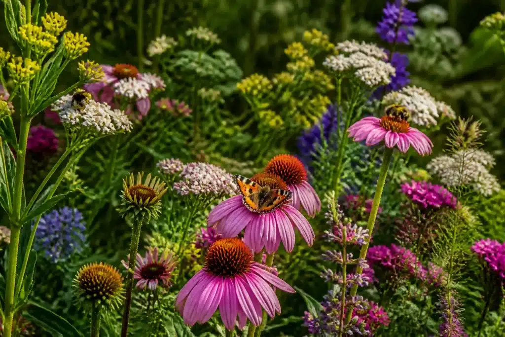 Jardin sauvage coloré avec fleurs, insectes et textures superposées