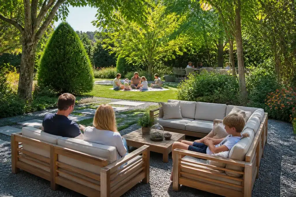 Jardin divisé en zones avec mobilier et familles regroupées.