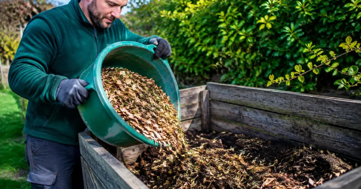 Jardinier verse broyat vegetal dans bac compostage
