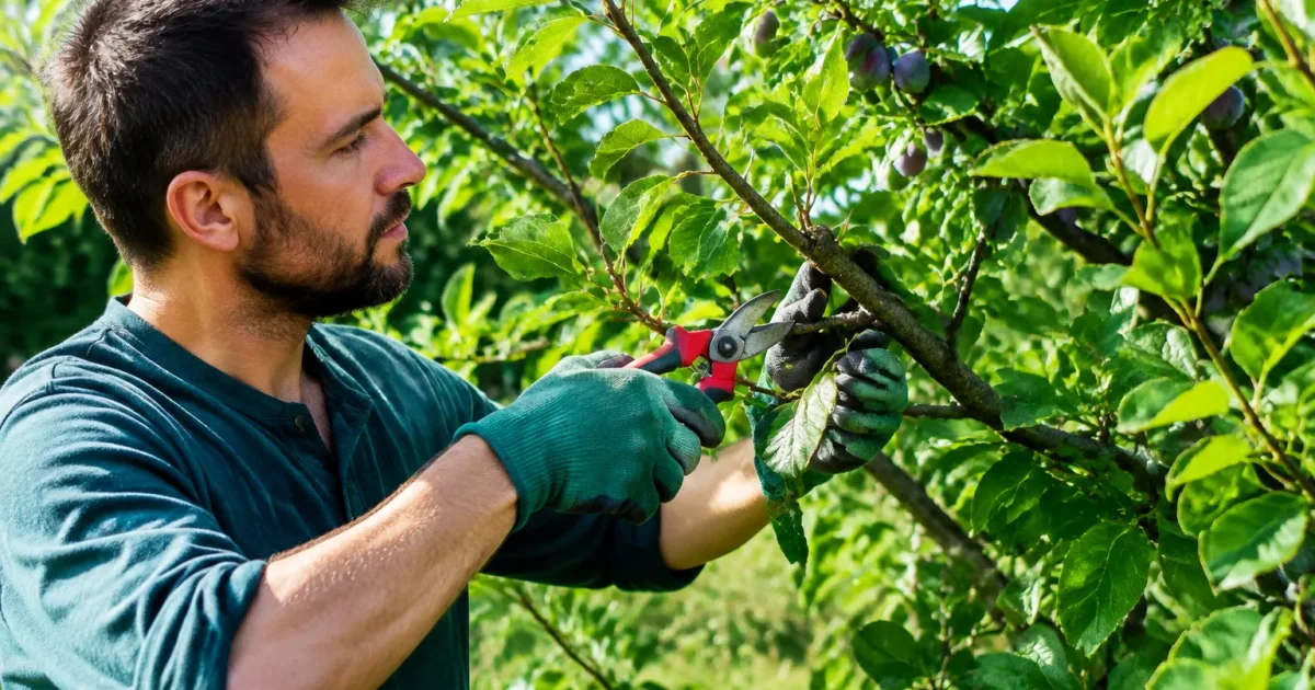Jardinier coupe branche prunier avec feuillage verdoyant