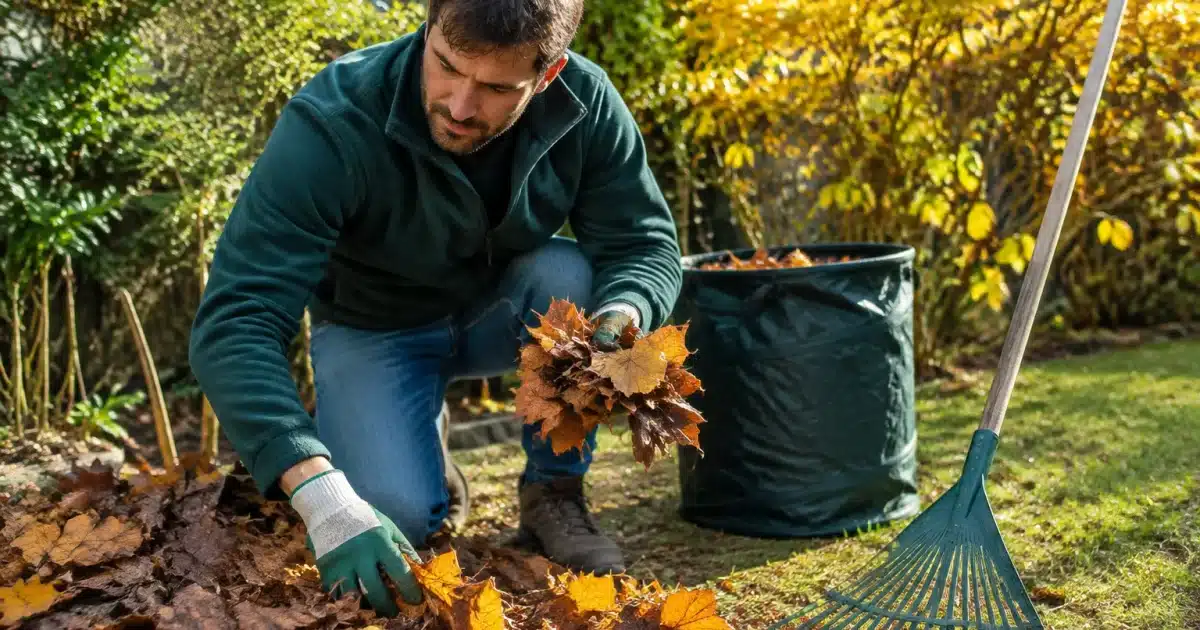 Jardinier agenouille ramassant feuilles mortes avant hiver