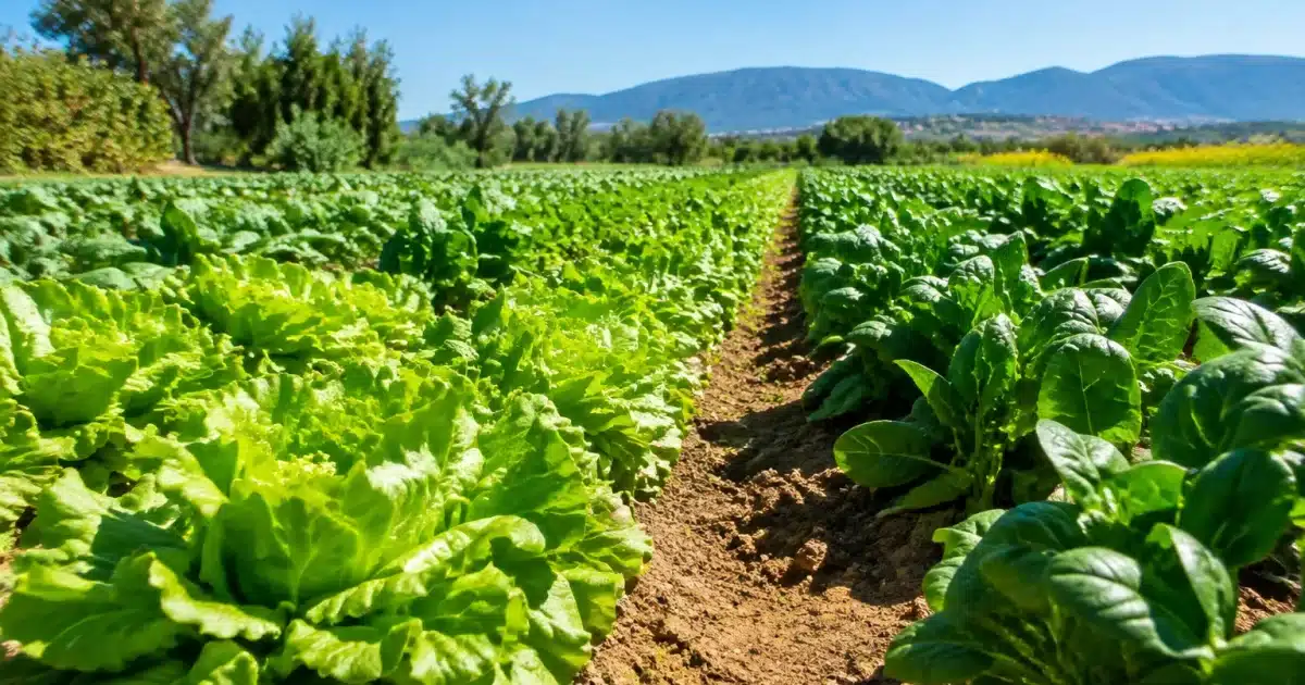 Rangees de legumes verts prosperes sous soleil intense sans irrigation