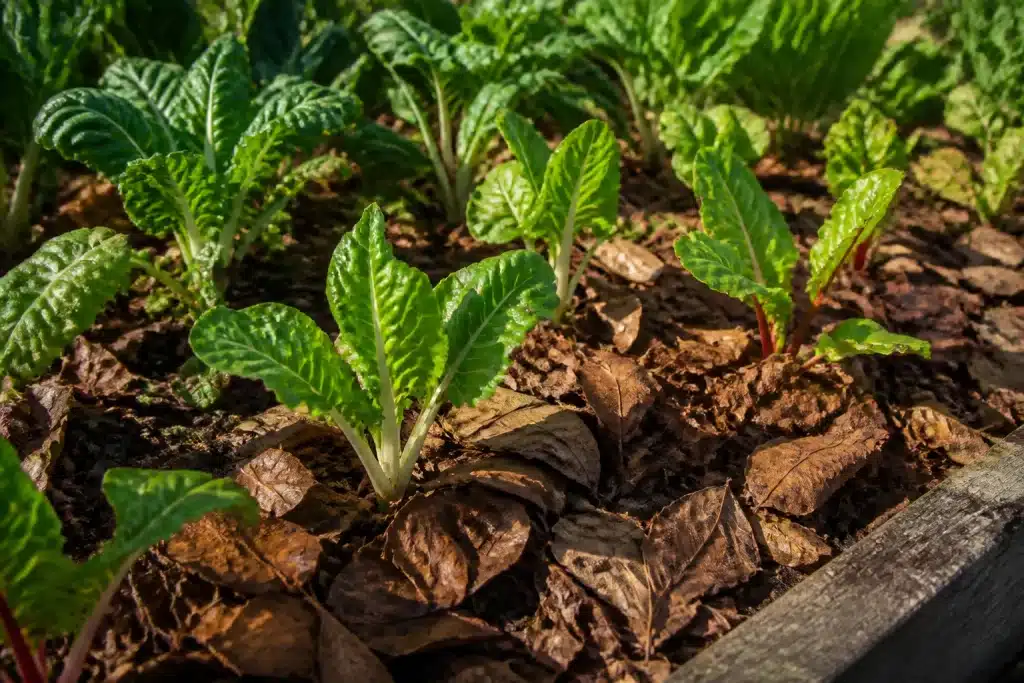 Potager paillé avec feuilles mortes conservant humidité du sol