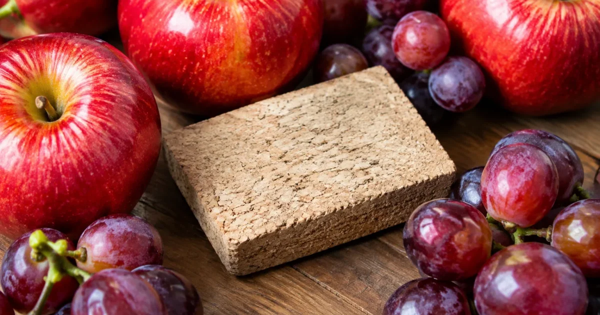 Morceau liege beige repose entre pommes rouges raisins