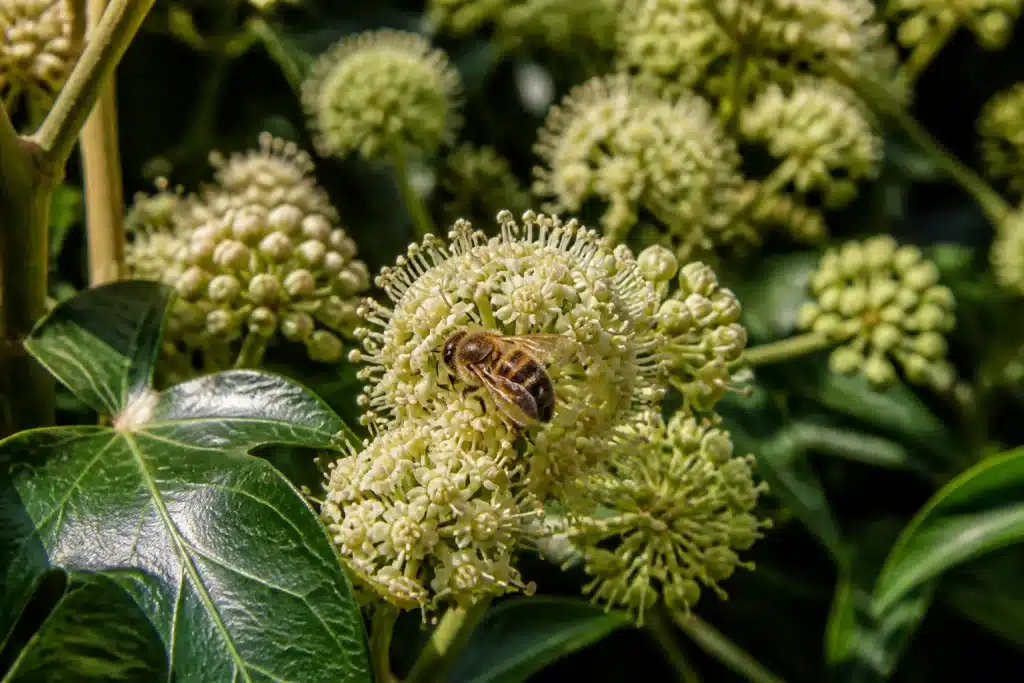 Fleurs blanches lierre automne avec abeille pollinisatrice
