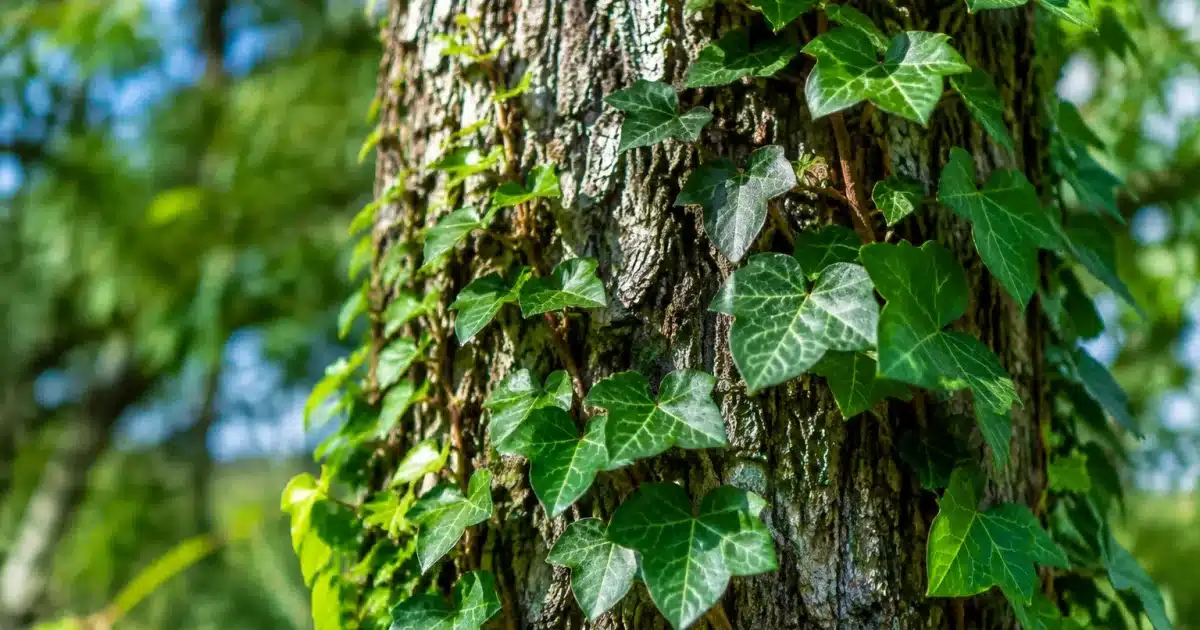 Main testant adherence du lierre sur ecorce arborescente verticale