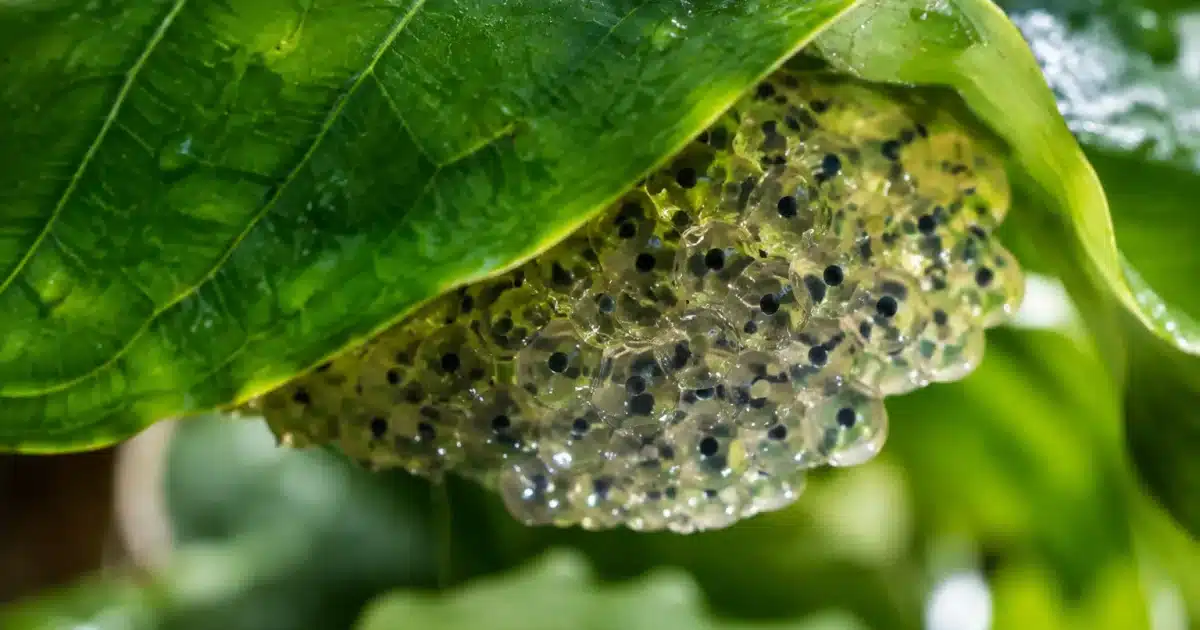 Grappes d'oeufs translucides collees sous une feuille humide