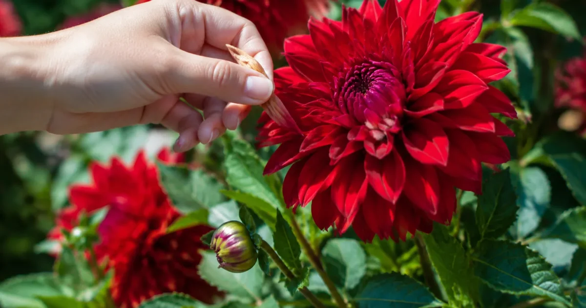 Main supprimant fleur fanee sur dahlia rouge