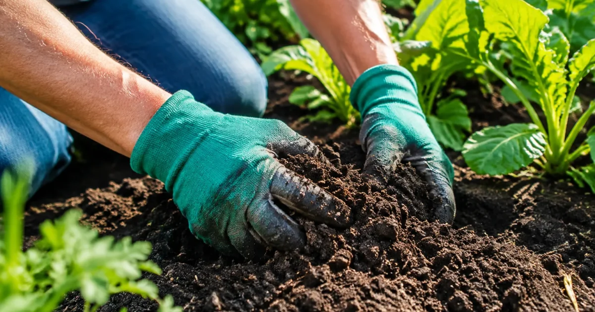 Mains gantees creusant la terre noire du potager