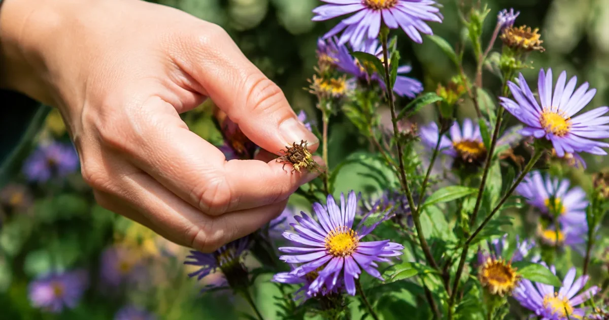 Mains retirant fleur fanee sur tige aster