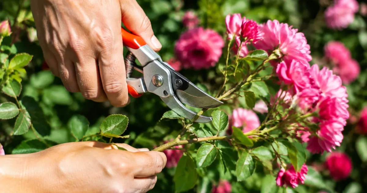Mains tiennent secateurs coupant branche floral rose