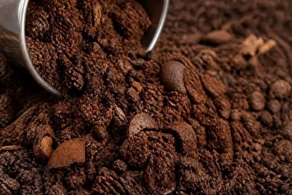 Marc de café sec mélangé dans terre brune