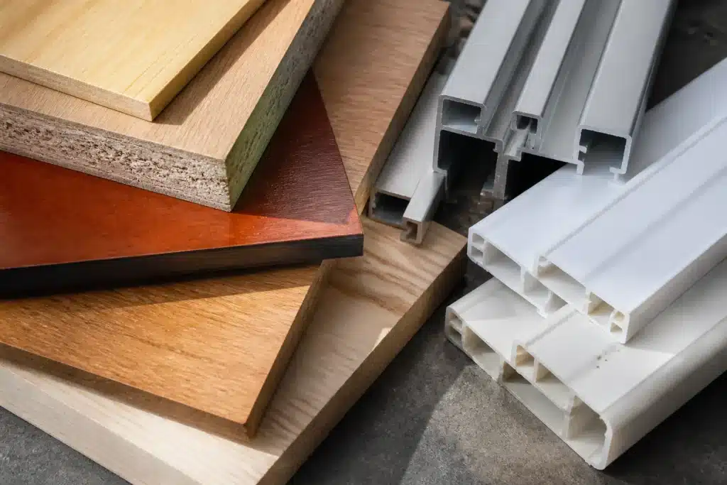 Echantillons de bois, aluminium et PVC juxtaposes