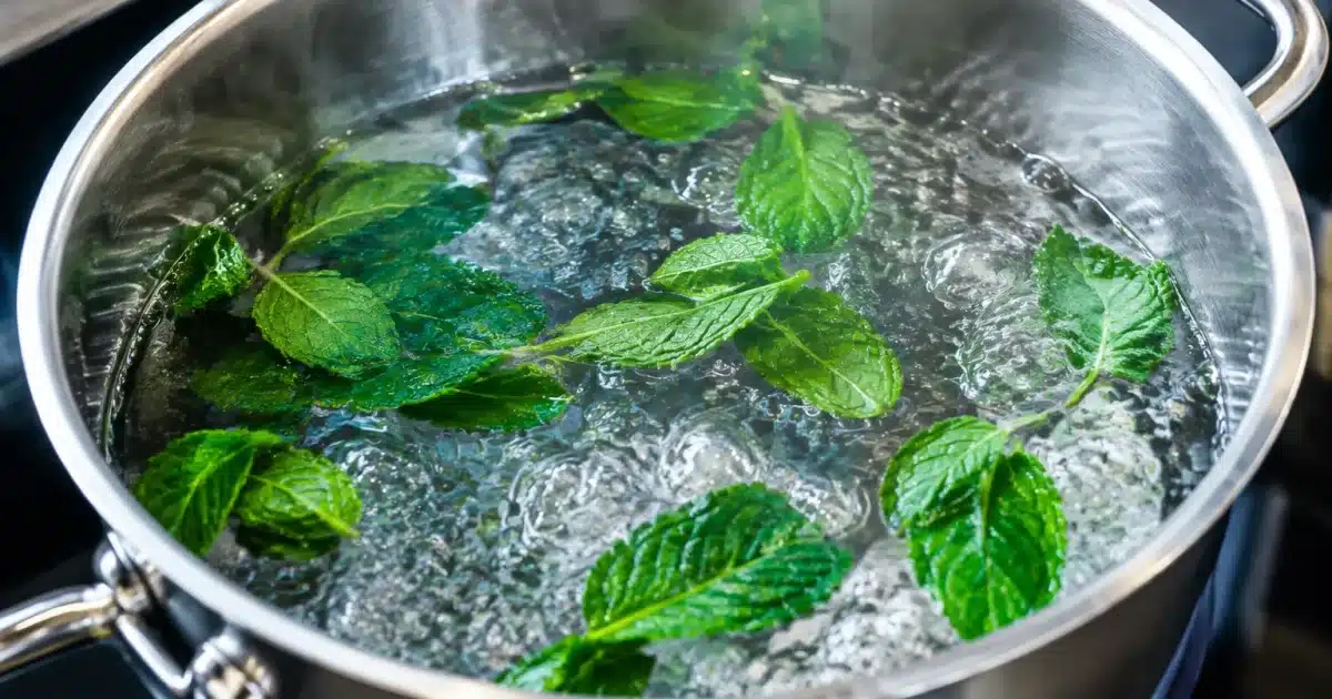 Casserole remplie d'eau bouillante avec feuilles de menthe vertes flottant