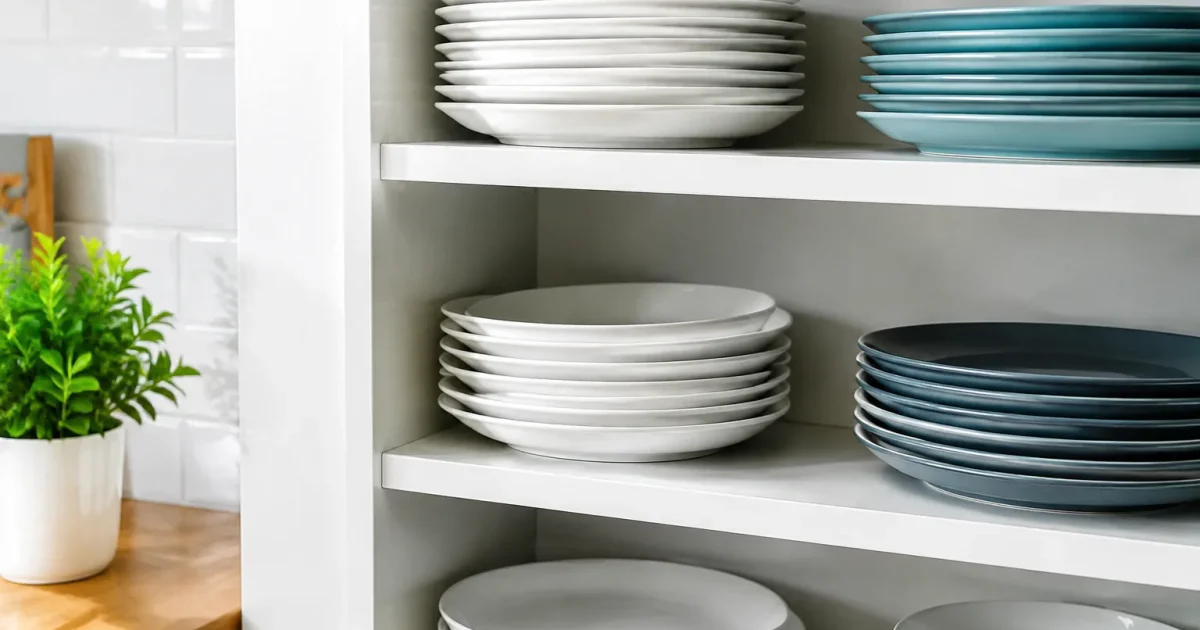 Meuble blanc avec etageres contenant des assiettes empilees