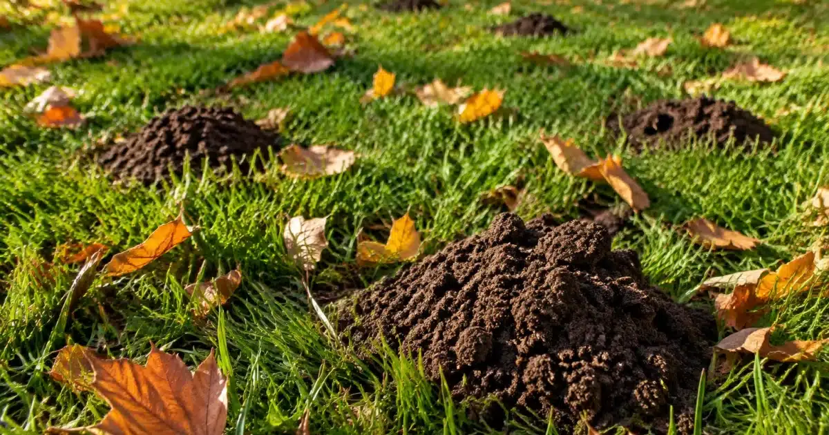 Petits monticules de terre soulevée parsemant pelouse verte automne
