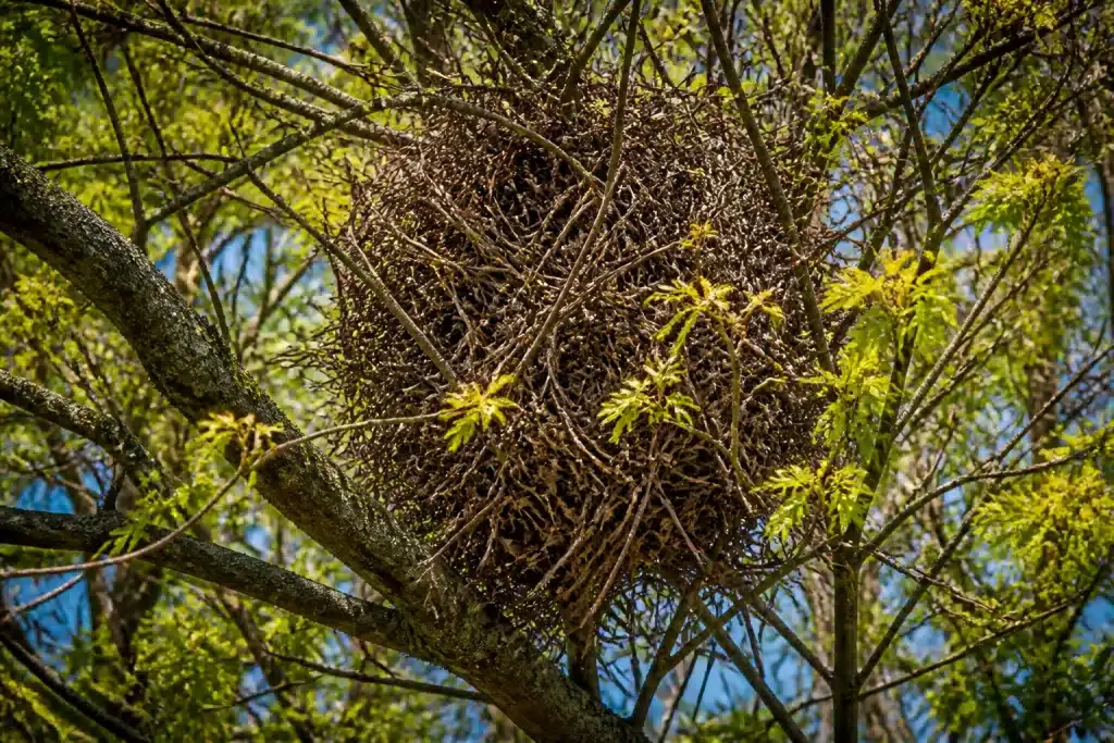 Grosse sphere de brindilles nichee dans branches d'arbre