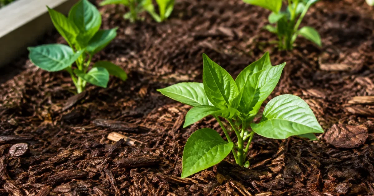 Sol couvert paillis brun autour jeunes plantes